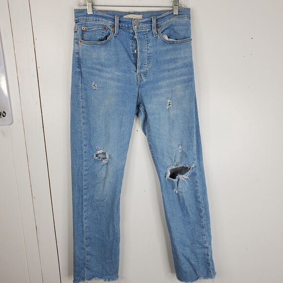 Levi's Denim - Levis Wedgie Straight Jeans High Rise Light Wash Ripped Knee 90s Mom Womens 30